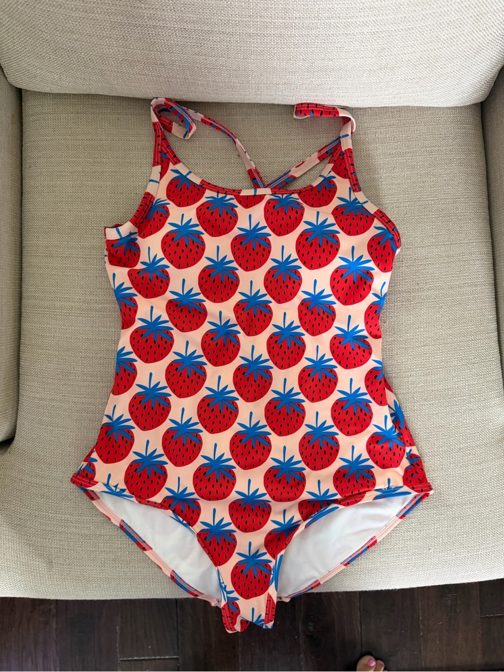 Hanna Andersson Red Strawberry Print One-Piece Swimsuit on Pink
